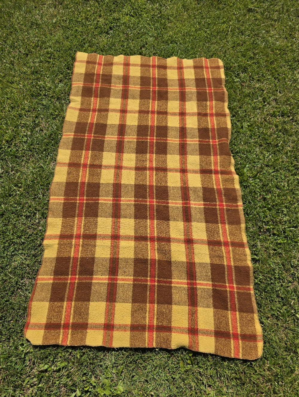 Vtg 70s Cottagecore Throw Blanket Wool Plaid Throw Yellow Brown Red Farmcore